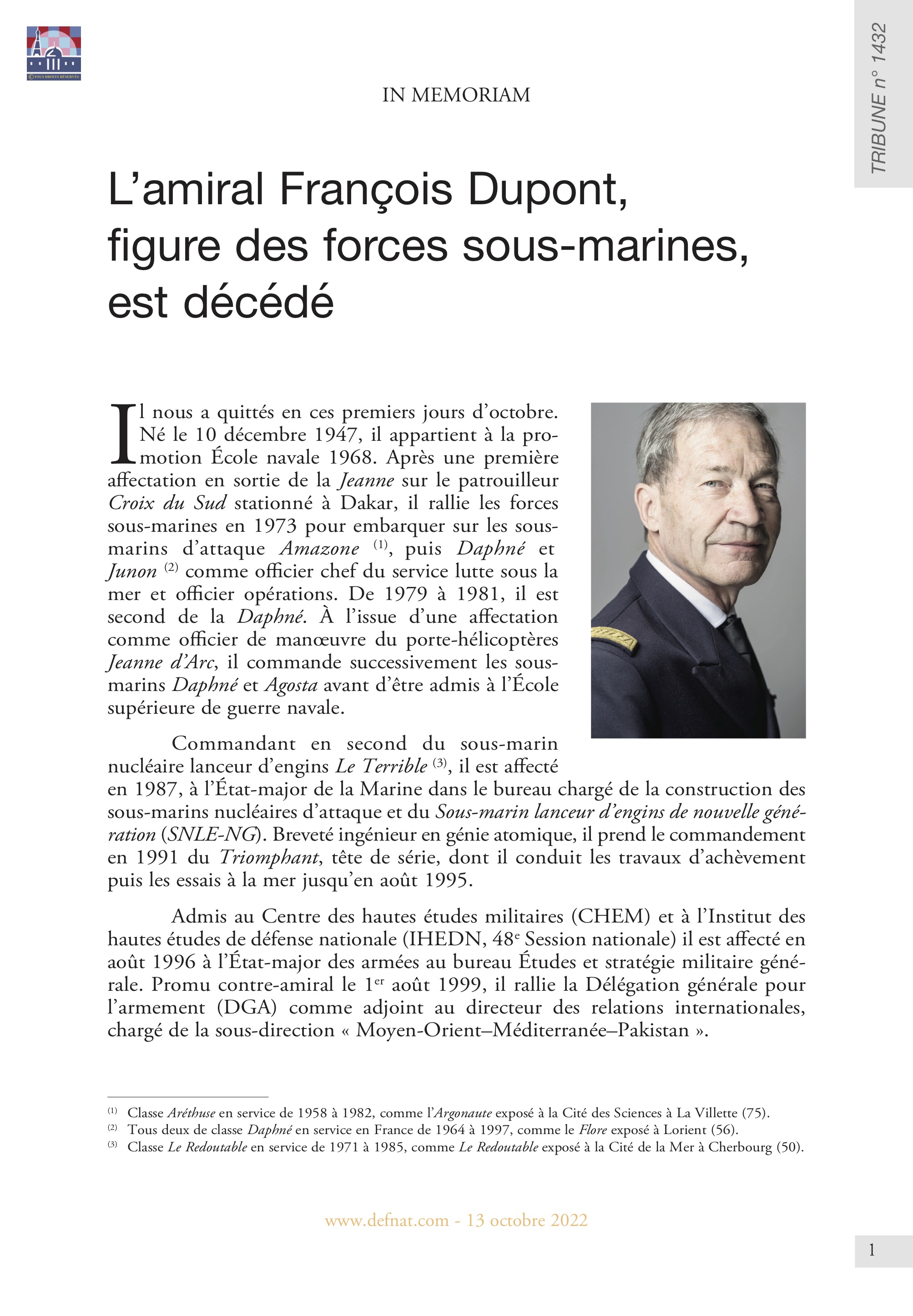 In Memoriam – L’amiral François Dupont, figure des forces sous-marines, est décédé (T 1432)
